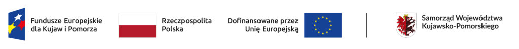 Grafika przedstawiająca logo Funduszy europejskich, Flagę Polską - Biało Czerwoną, Unii europejskiej okrąg utworzony z żółtych gwiazd na granatowym tle, oraz herb województwa kujawsko pomorskiego - Czerwony gryf i czarny lew.